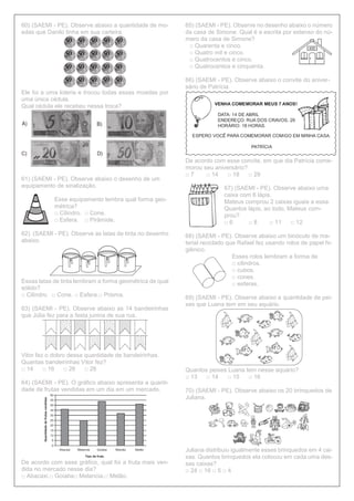 60) (SAEMI - PE). Observe abaixo a quantidade de mo-
edas que Danilo tinha em sua carteira.
Ele foi a uma loteria e trocou todas essas moedas por
uma única cédula.
Qual cédula ele recebeu nessa troca?
61) (SAEMI - PE). Observe abaixo o desenho de um
equipamento de sinalização.
Esse equipamento lembra qual forma geo-
métrica?
□ Cilindro. □ Cone.
□ Esfera. □ Pirâmide.
62) (SAEMI - PE). Observe as latas de tinta no desenho
abaixo.
Essas latas de tinta lembram a forma geométrica de qual
sólido?
□ Cilindro. □ Cone. □ Esfera.□ Prisma.
63) (SAEMI - PE). Observe abaixo as 14 bandeirinhas
que Júlia fez para a festa junina de sua rua.
Vitor fez o dobro dessa quantidade de bandeirinhas.
Quantas bandeirinhas Vitor fez?
□ 14 □ 16 □ 26 □ 28
64) (SAEMI - PE). O gráfico abaixo apresenta a quanti-
dade de frutas vendidas em um dia em um mercado.
De acordo com esse gráfico, qual foi a fruta mais ven-
dida no mercado nesse dia?
□ Abacaxi.□ Goiaba□ Melancia.□ Melão.
65) (SAEMI - PE). Observe no desenho abaixo o número
da casa de Simone. Qual é a escrita por extenso do nú-
mero da casa de Simone?
□ Quarenta e cinco.
□ Quatro mil e cinco.
□ Quatrocentos e cinco.
□ Quatrocentos e cinquenta.
66) (SAEMI - PE). Observe abaixo o convite do aniver-
sário de Patrícia.
De acordo com esse convite, em que dia Patrícia come-
morou seu aniversário?
□ 7 □ 14 □ 18 □ 29
67) (SAEMI - PE). Observe abaixo uma
caixa com 6 lápis.
Mateus comprou 2 caixas iguais a essa.
Quantos lápis, ao todo, Mateus com-
prou?
□ 6 □ 8 □ 11 □ 12
68) (SAEMI - PE). Observe abaixo um binóculo de ma-
terial reciclado que Rafael fez usando rolos de papel hi-
giênico.
Esses rolos lembram a forma de
□ cilindros.
□ cubos.
□ cones.
□ esferas.
69) (SAEMI - PE). Observe abaixo a quantidade de pei-
xes que Luana tem em seu aquário.
Quantos peixes Luana tem nesse aquário?
□ 13 □ 14 □ 15 □ 16
70) (SAEMI - PE). Observe abaixo os 20 brinquedos de
Juliana.
Juliana distribuiu igualmente esses brinquedos em 4 cai-
xas. Quantos brinquedos ela colocou em cada uma des-
sas caixas?
□ 24 □ 16 □ 5 □ 4
 