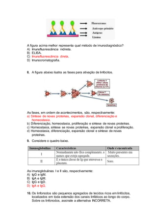 A figura acima melhor representa qual método de imunodiagnóstico?
A) Imunofluorescência indireta.
B) ELISA.
C) Imunofluorescência direta.
D) Imunocromatografia.
8. A figura abaixo ilustra as fases para ativação de linfócitos.
As fases, em ordem de acontecimentos, são, respectivamente:
a) Síntese de novas proteínas, expansão clonal, diferenciação e
homeostasia.
b) Diferenciação, homeostasia, proliferação e síntese de novas proteínas.
c) Homeostasia, síntese se novas proteínas, expansão clonal e proliferação.
d) Homeostasia, diferenciação, expansão clonal e síntese de novas
proteínas.
9. Considere o quadro baixo.
As imunoglobulinas I e II são, respectivamente:
A) IgG e IgM.
B) IgA e IgM.
C) IgG e IgD.
D) IgA e IgG.
10. Os linfonodos são pequenos agregados de tecidos ricos em linfócitos,
localizados em toda extensão dos canais linfáticos ao longo do corpo.
Sobre os linfonodos, assinale a alternativa INCORRETA.
 
