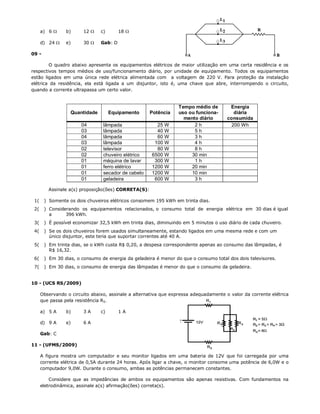 a) 6      b)     12     c)       18 

      d) 24     e)     30     Gab: D

09 -

        O quadro abaixo apresenta os equipamentos elétricos de maior utilização em uma certa residência e os
respectivos tempos médios de uso/funcionamento diário, por unidade de equipamento. Todos os equipamentos
estão ligados em uma única rede elétrica alimentada com a voltagem de 220 V. Para proteção da instalação
elétrica da residência, ela está ligada a um disjuntor, isto é, uma chave que abre, interrompendo o circuito,
quando a corrente ultrapassa um certo valor.


                                                                  Tempo médio de        Energia
                   Quantidade        Equipamento     Potência     uso ou funciona-        diária
                                                                    mento diário       consumida
                       04        lâmpada                25 W            2h               200 Wh
                       03        lâmpada                40 W            5h
                       04        lâmpada                60 W            3h
                       03        lâmpada               100 W            4h
                       02        televisor              80 W            8h
                       02        chuveiro elétrico    6500 W           30 min
                       01        máquina de lavar      300 W            1h
                       01        ferro elétrico       1200 W           20 min
                       01        secador de cabelo    1200 W           10 min
                       01        geladeira             600 W            3h

         Assinale a(s) proposição(ões) CORRETA(S):

 1(    ) Somente os dois chuveiros elétricos consomem 195 kWh em trinta dias.
 2(    ) Considerando os equipamentos relacionados, o consumo total de energia elétrica em 30 dias é igual
         a      396 kWh.
 3(    ) É possível economizar 32,5 kWh em trinta dias, diminuindo em 5 minutos o uso diário de cada chuveiro.
 4(    ) Se os dois chuveiros forem usados simultaneamente, estando ligados em uma mesma rede e com um
         único disjuntor, este teria que suportar correntes até 40 A.
 5(    ) Em trinta dias, se o kWh custa R$ 0,20, a despesa correspondente apenas ao consumo das lâmpadas, é
         R$ 16,32.
 6(    ) Em 30 dias, o consumo de energia da geladeira é menor do que o consumo total dos dois televisores.
 7(    ) Em 30 dias, o consumo de energia das lâmpadas é menor do que o consumo da geladeira.


10 - (UCS RS/2009)

      Observando o circuito abaixo, assinale a alternativa que expressa adequadamente o valor da corrente elétrica
      que passa pela resistência R5.

      a) 5 A     b)     3A      c)       1A

      d) 9 A     e)     6A

      Gab: C

11 - (UFMS/2009)

      A figura mostra um computador e seu monitor ligados em uma bateria de 12V que foi carregada por uma
      corrente elétrica de 0,5A durante 24 horas. Após ligar a chave, o monitor consome uma potência de 6,0W e o
      computador 9,0W. Durante o consumo, ambas as potências permanecem constantes.

          Considere que as impedâncias de ambos os equipamentos são apenas resistivas. Com fundamentos na
      eletrodinâmica, assinale a(s) afirmação(ões) correta(s).
 