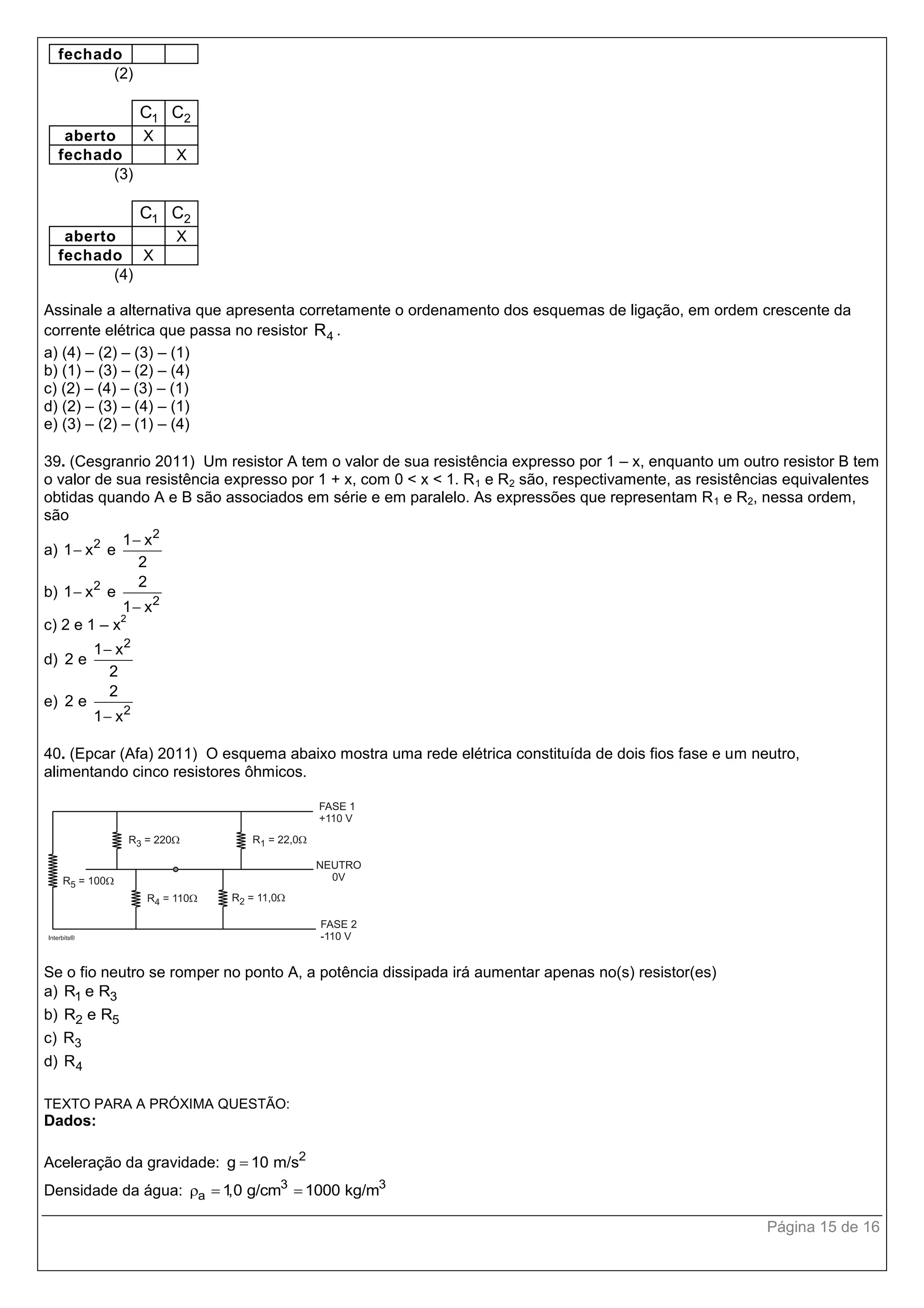 Página 15 de 16
fechado
(2)
1C 2C
aberto X
fechado X
(3)
1C 2C
aberto X
fechado X
(4)
Assinale a alternativa que apresenta corretamente o ordenamento dos esquemas de ligação, em ordem crescente da
corrente elétrica que passa no resistor 4R .
a) (4) – (2) – (3) – (1)
b) (1) – (3) – (2) – (4)
c) (2) – (4) – (3) – (1)
d) (2) – (3) – (4) – (1)
e) (3) – (2) – (1) – (4)
39. (Cesgranrio 2011) Um resistor A tem o valor de sua resistência expresso por 1 – x, enquanto um outro resistor B tem
o valor de sua resistência expresso por 1 + x, com 0 < x < 1. R1 e R2 são, respectivamente, as resistências equivalentes
obtidas quando A e B são associados em série e em paralelo. As expressões que representam R1 e R2, nessa ordem,
são
a)
2
2 1 x
1 x e
2


b) 2
2
2
1 x e
1 x


c) 2 e 1 – x
2
d)
2
1 x
2 e
2

e)
2
2
2 e
1 x
40. (Epcar (Afa) 2011) O esquema abaixo mostra uma rede elétrica constituída de dois fios fase e um neutro,
alimentando cinco resistores ôhmicos.
Se o fio neutro se romper no ponto A, a potência dissipada irá aumentar apenas no(s) resistor(es)
a) 1 3R e R
b) 2 5R e R
c) 3R
d) 4R
TEXTO PARA A PRÓXIMA QUESTÃO:
Dados:
Aceleração da gravidade: 2
g 10 m/s
Densidade da água: 3 3
a 1,0 g/cm 1000 kg/m  
 