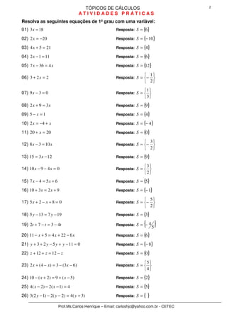 lista de exercicios de matematica equação do 1 grau