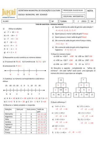 SECRETARIA MUNICIPAL DE EDUCAÇÃO E CULTURA                         PROFESSOR: OLICIO SILVA                   NOTA
                        ESCOLA MUNICIPAL ARY SCHIAVO
                                                                                           DISCIPLINA: MATEMÁTICA

ALUNO:                                                               Nº              TURMA:                       /     /2013             04
                                                 Lista de exercícios números inteiros
                                                                       a) Qual o simétrico do saldo de gols de cada seleção ?
1)        Efetue as adições:
                                                                            - 4, + 4, +2, -2, +5, -5, -7, +7
 a) - 7 + 10 = +3
                                                                      b) Quem possui o menor saldo de gols? França
 b) + 9 - 14 = - 5
                                                                      c) Quem possui o maior saldo de gols? Brasil
 c) - 7 - 4 = - 11
                                                                      d) Dê a soma do saldo de gols entre França e Itália;
 d) 7 - 10 = -3
                                                                            -7+(-2)= -9
 e) + 1 - 4 = - 3
                                                                      e) Dê a soma do saldo de gols entre Argentina e
 f) - 4 - 1 = - 5                                                        Inglaterra: - 4 + (– 2 ) = - 6
 g) - 4 + 1 = -3
                                                                     5) Qual é o número maior:
                                                                        a) +230 ou +150 ? +230                 b) -230 ou 150 ? 150
2) Represente na reta numérica os números abaixo:
                                                                           c) +230 ou -150 ? +230              d) -230 ou -150? - 150
a) O sucessor de -9 (-8 ) b) O simétrico de 5 (- 5 ) c) 5
                                                                           e) +246 ou – 247 ? +246             f) -15 ou 0 ? 0
d) antecessor de 7 ( 6 )
                                                                    6) Descubra o segredo completando as “pilhas de
                                                                    números” . Em cada “pilha” você usará uma operação. O
                                                                    número de cima é o que deve ser atingido.
           -9        -5        0       5         6

3 ) Substitua os números correspondente a cada letra e                                                                      -2
                                                                                     +1
efetue.

                                                                                5         -4                           -3        1
     -25 -20 -15 -10      -5   0   5       10   15   20

                                                                            1        +4        -8                 -4         1        0

      A    B        C              D       E         F                 -5       +6        -2        -6     -3          -1        +2       -2
 a) A B = -45 b) B C = -30 c) B D = -15 d) F A = -5
 b) C E = 0 f) D A = - 20 g) C D = - 5 h) F C =-10                  7) Qual a diferença ?
4) Observe a tabela complete e responda:
                                                                      a)     (+3 ) – (- 3 ) =                    b) (-7 ) – ( +5 ) =
     Seleções       Gols pró       Gols contra Saldo de                      3 3  6                                7 5  12
                                               gols
                                                                      c) (-2 ) – ( +4 ) =                         d) (- 1 ) – ( -5 ) =
     Alemanha             6             2      + 6 – 2 = +4
     Argentina            2             6      +2 – 6 = - 4                 2 4  6                                  1 5  4
     Itália               5             7      +5 – 7 = -2            e) ( -9 ) – (-3 ) =                         f) (- 5 ) – ( + 5 ) =
     Ucrânia              7             5       +7 -5 = +2                   9 3  6                                5 5  10
     Inglaterra           1             6      + 1 – 6 = -5
                                                                      g)(- 12 ) – (- 1 ) =
     Portugal             6             1      + 6 – 1 = +5
     Brasil                                                                12 1  11
                          8             1      +8 – 1 = +7
     França               1             8      +1 – 8 = -7            f)    (- 3 ) – ( + 8 ) =      3 8   11


                                                                      g) 3 – (- 1 ) =
 