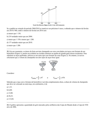 Se o padrão na variação do período 2004/2010 se mantiver nos próximos 6 anos, e sabendo que o número de favelas
em 2010 é 968, então o número de favelas em 2016 será
a) menor que 1 150.
b) 218 unidades maior que em 2004.
c) maior que 1 150 e menor que 1 200.
d) 177 unidades maior que em 2010.
e) maior que 1 200.


32. Em um casamento, os donos da festa serviam champanhe aos seus convidados em taças com formato de um
hemisfério (Figura 1), porém um acidente na cozinha culminou na quebra de grande parte desses recipientes. Para
substituir as taças quebradas, utilizou-se um outro tipo com formato de cone (Figura 2). No entanto, os noivos
solicitaram que o volume de champanhe nos dois tipos de taças fosse igual.




Considere:



Sabendo que a taça com o formato de hemisfério é servida completamente cheia, a altura do volume de champanhe
que deve ser colocado na outra taça, em centímetros, é de
a) 1,33.
b) 6,00.
c) 12,00.
d) 56,52.
e) 113,04.


33. O gráfico apresenta a quantidade de gols marcados pelos artilheiros das Copas do Mundo desde a Copa de 1930
até a de 2006.
 