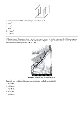 O volume de madeira utilizado na confecção desse objeto foi de
a) 12 cm3.
b) 64 cm3.
c) 96 cm3.
d) 1 216 cm3.
e) 1 728 cm3.


45. Para conseguir chegar a um número recorde de produção de ovos de Páscoa, as empresas brasileiras começam a
se planejar para esse período com um ano de antecedência. O gráfico a seguir mostra o número de ovos de Páscoa
produzidos no Brasil no período de 2005 a 2009.




De acordo com o gráfico, o biênio que apresentou maior produção acumulada foi
a) 2004-2005.
b) 2005-2006.
c) 2006-2007.
d) 2007-2008.
e) 2008-2009.
 