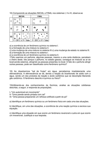 16) Comparando as situações INICIAL e FINAL nos sistemas I, II e III, observa-se
a) a ocorrência de um fenômeno químico no sistema I.
b) a formação de uma mistura no sistema II.
c) uma mudança de uma mistura no sistema III.c) uma mudança de estado no sistema III.
d) a formação de uma mistura no sistema I.
e) a ocorrência de um fenômeno químico no sistema II.
17)Ao usarmos um perfume, algumas pessoas, mesmo a uma certa distância, percebem
o cheiro deste. Isto porque o perfume, no estado gasoso, consegue se misturar ao ar do
local aonde estamos, atingindo as pessoas presentes no local. O fato de o perfume atingir
outras pessoas, pode ser classificado como fenômeno químico?
18) Ao dissolvermos "sal de frutas" em água, percebemos imediatamente uma
efervescência. A efervescência se dá, devido a reação do bicarbonato de sódio com a
água, sendo um dos produtos da reação o ácido carbônico que se decompõe liberando
gás carbônico. O fenômeno descrito é químico ou físico?
19)Utilizando-se dos conhecimentos da Química, analise as situações cotidianas
descritas, a seguir, e responda às proposições.
I- "Um automóvel em movimento"
II- "Uma parede sendo pintada com cal"
III- "Uma pessoa preparando um refresco artificial a partir do pó"
a) Identifique um fenômeno químico ou um fenômeno físico em cada uma das situações.
b) Identifique, em uma das situações, a ocorrência de uma reação química e escreva sua
equação.
c) Identifique uma situação em que ocorre um fenômeno reversível e outra em que ocorre
um irreversível. Justifique a sua resposta.
 