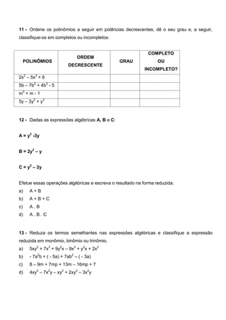 11 - Ordene os polinômios a seguir em potências decrescentes, dê o seu grau e, a seguir,
classifique-os em completos ou incompletos:
POLINÔMIOS
ORDEM
DECRESCENTE
GRAU
COMPLETO
OU
INCOMPLETO?
2x2
– 5x3
+ 6
5b – 7b2
+ 4b3
- 5
m3
+ m - 1
5y – 3y2
+ y3
12 - Dadas as expressões algébricas A, B e C:
A = y2
-3y
B = 2y2
– y
C = y2
– 2y
Efetue essas operações algébricas e escreva o resultado na forma reduzida:
a) A + B
b) A + B + C
c) A . B
d) A . B . C
13 - Reduza os termos semelhantes nas expressões algébricas e classifique a expressão
reduzida em monômio, binômio ou trinômio.
a) 5xy2
+ 7x3
+ 9y2
x – 9x3
+ y2
x + 2x3
b) - 7a2
b + ( - 5a) + 7ab2
– ( - 3a)
c) 8 – 9m + 7mp + 13m – 16mp + 7
d) 4xy2
– 7x2
y – xy2
+ 2xy2
– 3x2
y
 