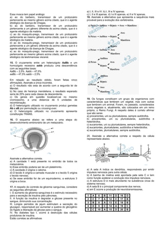 Essa mosca tem papel análogo
a) ao do barbeiro, transmissor de um protozoário
pertencente ao mesmo gênero acima citado, que é o agente
etiológico da doença de Chagas.
b) ao do barbeiro, transmissor de um protozoário
pertencente a um gênero diferente do acima citado, que é o
agente etiológico da malária.
c) ao do mosquito-prego, transmissor de um protozoário
pertencente ao mesmo gênero acima citado, que é o agente
etiológico da malária.
d) ao do mosquito-prego, transmissor de um protozoário
pertencente a um gênero diferente do acima citado, que é o
agente etiológico da doença de Chagas.
e) ao do mosquito-prego, transmissor de um protozoário
pertencente ao mesmo gênero acima citado, que é o agente
etiológico da leishmaniose visceral.
15. O cruzamento entre um heterozigoto AaBb e um
homozigoto recessivo aabb produziu uma descendência
com as seguintes taxas:
AaBb – 2,5% Aabb – 47,5%
aaBb – 47,5% aabb – 2,5%
Em relação ao resultado obtido, foram feitas cinco
afirmações. Assinale a única incorreta.
a) O resultado não esta de acordo com a segunda lei de
Mendel.
b) No caso de herança mendeliana, o resultado esperado
seria de 25% para cada classe de descendente.
c) Os genes em questão localizam-se no mesmo
cromossomo, a uma distancia de 5 unidades de
recombinação.
d) O heterozigoto utilizado no cruzamento produz gametas
Ab e aB por permutação ou crossing-over.
e) O heterozigoto utilizado no cruzamento apresenta
constituição TRANS.
16. O esquema abaixo se refere a uma etapa do
desenvolvimento embrionário de um metazoário.
Assinale a alternativa correta.
a) A cavidade 1 está presente no embrião de todos os
metazoários.
b) Esse embrião poderia ser de um platelminto.
c) A cavidade 2 origina o celoma.
d) O tecido 4 origina a camada muscular e o tecido 5 origina
o tecido nervoso.
e) Se esse embrião for de um equinodermo, a estrutura 3
origina a boca.
17. A respeito do controle da glicemia sanguínea, considere
as seguintes afirmativas:
I. O aumento da glicemia sanguínea é o estímulo necessário
para a secreção de insulina pelo pâncreas.
II. A função da insulina é degradar a glicose presente no
sangue, diminuindo sua concentração.
III. Longos períodos de jejum estimulam a secreção do
glucagon, responsável por aumentar a quebra do glicogênio
do fígado e liberação da glicose para o sangue.
IV. No diabetes tipo I, ocorre à destruição das células
produtoras de insulina.
Estão corretas as afirmativas
a) I, II, III e IV. b) I, III e IV apenas.
c) I, II e III apenas. d) I e III apenas. e) II e IV apenas.
18. Assinale a alternativa que apresenta a sequência mais
provável para a evolução dos vertebrados.
19. Os fungos constituem um grupo de organismos com
características que lembram um vegetal, mas com outras
que lembram um animal. Foram, no passado, considerados
como vegetais e, atualmente, são colocados em um reino
próprio, o Reino Fungi. A respeito deles é correto afirmar
que são seres
a) procariontes, uni ou pluricelulares, sempre autótrofos.
b) procariontes, uni ou pluricelulares, autótrofos e
heterótrofos.
c) eucariontes, uni ou pluricelulares, sempre heterótrofos.
d) eucariontes, pluricelulares, autótrofos e heterótrofos.
e) eucariontes, pluricelulares, sempre autótrofos.
20. Assinale a alternativa correta a respeito da célula
representada abaixo.
a) A seta A indica os dendritos, responsáveis por emitir
impulsos nervosos para outra célula.
b) A bainha de mielina está apontada pela seta C e tem
como função acelerar a condução dos impulsos nervosos.
c) A estrutura D é mais abundante na substância cinza do
sistema nervoso.
d) A seta B é o principal componente dos nervos.
e) em E ocorre a produção de neurotransmissores.
1 A 6 B 11 D 16 D
2 C 7 A 12 C 17 B
3 B 8 A 13 E 18 B
4 D 9 C 14 A 19 C
5 C 10 A 15 D 20 B
 