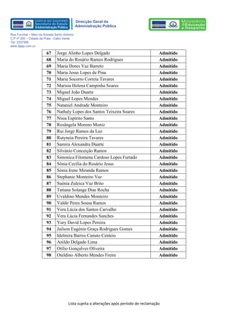 Lista sujeita a alterações após período de reclamação 
Direcção Geral da 
Administração Pública 
Rua Funchal – Meio da Achada Santo António 
C.P nº 200 – Cidade da Praia - Cabo Verde 
Tel: 3337399 
www.dgap.com.cv 
67 
Jorge Alinho Lopes Delgado 
Admitido 
68 
Maria do Rosário Ramos Rodrigues 
Admitido 
69 
Maria Dores Vaz Barreto 
Admitido 
70 
Maria Jesus Lopes de Pina 
Admitido 
71 
Maria Socorro Correia Tavares 
Admitido 
72 
Marisia Helena Campinha Soares 
Admitido 
73 
Miguel João Duarte 
Admitido 
74 
Miguel Lopes Mendes 
Admitido 
75 
Nataniel Andrade Monteiro 
Admitido 
76 
Nathaly Lopes dos Santos Teixeira Soares 
Admitido 
77 
Nísia Espírito Santo 
Admitido 
78 
Rosângela Moreno Moniz 
Admitido 
79 
Rui Jorge Ramos da Luz 
Admitido 
80 
Rutyneia Pereira Tavares 
Admitido 
81 
Samira Alexandra Duarte 
Admitido 
82 
Silvánio Conceição Ramos 
Admitido 
83 
Simonica Filomena Cardoso Lopes Furtado 
Admitido 
84 
Sónia Cecília do Rosário Jesus 
Admitido 
85 
Sónia Irene Miranda Ramos 
Admitido 
86 
Stephanie Monteiro Vaz 
Admitido 
87 Suénia Zuleica Vaz Brito 
Admitido 
88 
Tatiana Solange Dias Rocha 
Admitido 
89 
Uvaldino Mendes Monteiro 
Admitido 
90 
Valdir Peres Sousa Ramos 
Admitido 
91 
Vera Lúcia dos Santos Carvalho 
Admitido 
92 
Vera Lúcia Fernandes Sanches 
Admitido 
93 
Yury David Lopes Pereira 
Admitido 
94 
Jailson Eugénio Graça Rodrigues Gomes 
Admitido 
95 
Idelmira Barros Canuto Centeio 
Admitido 
96 
Anildo Delgado Lima 
Admitido 
97 
Otílio Gonçalves Oliveira 
Admitido 
98 
Oteldino Alberto Mendes Freire 
Admitido 
 