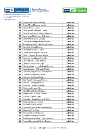 Lista sujeita a alterações após período de reclamação 
Direcção Geral da 
Administração Pública 
Rua Funchal – Meio da Achada Santo António 
C.P nº 200 – Cidade da Praia - Cabo Verde 
Tel: 3337399 
www.dgap.com.cv 
28 
Bruno André Soares Macedo 
Admitido 
29 
Bruno Miguel Furtado Varela 
Admitido 
30 
Camila Xavier Nunes 
Admitido 
31 
Carla Helena Fernandes Gomes 
Admitido 
32 
Carla Helena Mendes Costa Monteiro 
Admitido 
33 
Carla Ivone Dias Lopes Rodrigues 
Admitido 
34 
Carlos Daniel Costa Lizardo 
Admitido 
35 
Carmen Helena Querido Fernandes 
Admitido 
36 
Telma Carmicita Varela Lopes Tavares 
Admitido 
37 
Carmindo Veiga Fonseca 
Admitido 
38 
Leonilde Carvalho Moreno 
Admitido 
39 
Cátia Cristina Baptista dos Reis 
Admitido 
40 
Céuder Augusta Spencer Santos 
Admitido 
41 
Cilene de Jesus Lopes Semedo 
Admitido 
42 
Cláudia Gisela Lopes da Cruz 
Admitido 
43 
Claudino Mendes da Veiga 
Admitido 
44 
Cleidy Simone Lopes Delgado Ribeiro 
Admitido 
45 
Danay Barcelay Rodriguez Quiala 
Admitido 
46 
Danilson Joaquim dos Santos Furtado 
Admitido 
47 
Deusa Helena Moreira Silva 
Admitido 
48 
Dulcineia da Veiga Mendes 
Admitido 
49 
Eder Patrick Fernandes Moreno 
Admitido 
50 
Edmilsa Conceição Furtado 
Admitido 
51 
Edmilson Cardoso da Veiga 
Admitido 
52 
Edmir dos Reis da Silva 
Admitido 
53 
Edna Maria Barbosa Cardoso 
Admitido 
54 
Edna Socorro Moreira Furtado 
Admitido 
55 
Ednilsa de Sousa Lopes 
Admitido 
56 
Edson Edy Soares Correia de Brito 
Admitido 
57 
Elina Almeida dos Santos 
Admitido 
58 
Elisabeth Gomes Pereira 
Admitido 
59 
Elisângela Madeny Pereira Rodrigues 
Admitido 
60 
Elisangela Vaz Silva 
Admitido 
61 
Elisângela Semedo Pereira 
Admitido 
62 
Elizabeth Rodrigues Afonso 
Admitido 
63 
Élsio Ledmilson Pires Veiga Fernandes 
Admitido 
64 
Emanuel de Jesus da Moura Tavares 
Admitido  