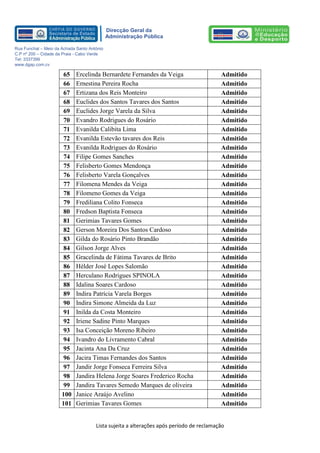 Lista sujeita a alterações após período de reclamação 
Direcção Geral da 
Administração Pública 
Rua Funchal – Meio da Achada Santo António 
C.P nº 200 – Cidade da Praia - Cabo Verde 
Tel: 3337399 
www.dgap.com.cv 
65 
Ercelinda Bernardete Fernandes da Veiga 
Admitido 
66 
Ernestina Pereira Rocha 
Admitido 
67 
Ertizana dos Reis Monteiro 
Admitido 
68 
Euclides dos Santos Tavares dos Santos 
Admitido 
69 
Euclides Jorge Varela da Silva 
Admitido 
70 
Evandro Rodrigues do Rosário 
Admitido 
71 
Evanilda Calibita Lima 
Admitido 
72 
Evanilda Estevão tavares dos Reis 
Admitido 
73 
Evanilda Rodrigues do Rosário 
Admitido 
74 
Filipe Gomes Sanches 
Admitido 
75 
Felisberto Gomes Mendonça 
Admitido 
76 
Felisberto Varela Gonçalves 
Admitido 
77 
Filomena Mendes da Veiga 
Admitido 
78 
Filomeno Gomes da Veiga 
Admitido 
79 
Frediliana Colito Fonseca 
Admitido 
80 
Fredson Baptista Fonseca 
Admitido 
81 
Gerimias Tavares Gomes 
Admitido 
82 
Gerson Moreira Dos Santos Cardoso 
Admitido 
83 
Gilda do Rosário Pinto Brandão 
Admitido 
84 
Gilson Jorge Alves 
Admitido 
85 
Gracelinda de Fátima Tavares de Brito 
Admitido 
86 
Hélder José Lopes Salomão 
Admitido 
87 
Herculano Rodrigues SPINOLA 
Admitido 
88 
Idalina Soares Cardoso 
Admitido 
89 
Indira Patrícia Varela Borges 
Admitido 
90 
Indira Simone Almeida da Luz 
Admitido 
91 
Inilda da Costa Monteiro 
Admitido 
92 
Iriene Sadine Pinto Marques 
Admitido 
93 
Isa Conceição Moreno Ribeiro 
Admitido 
94 
Ivandro do Livramento Cabral 
Admitido 
95 
Jacinta Ana Da Cruz 
Admitido 
96 
Jacira Timas Fernandes dos Santos 
Admitido 
97 
Jandir Jorge Fonseca Ferreira Silva 
Admitido 
98 
Jandira Helena Jorge Soares Frederico Rocha 
Admitido 
99 
Jandira Tavares Semedo Marques de oliveira 
Admitido 
100 
Janice Araújo Avelino 
Admitido 
101 
Gerimias Tavares Gomes 
Admitido  