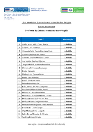 Lista sujeita a alterações após período de reclamação 
Direcção Geral da 
Administração Pública 
Rua Funchal – Meio da Achada Santo António 
C.P nº 200 – Cidade da Praia - Cabo Verde 
Tel: 3337399 
www.dgap.com.cv 
Lista provisória dos candidatos Admitidos Pós Triagem 
Ensino Secundário 
Professor de Ensino Secundário de Português 
Nº NOME Observação 
1 
Adelsa Maria Vieira Costa Barreto 
Admitido 
2 
Adelson Leal Monteiro 
Admitido 
3 
Alexandra Sofia Cunha Correia de Faria 
Admitido 
4 
Alicia Ailine Pires dos Santos 
Admitido 
5 
Amândia Juvelina Monteiro Cabral 
Admitido 
6 
Ana Medina Sanches Oliveira 
Admitido 
7 
Augusta Beludi Monteiro Fernandes 
Admitido 
8 
Cleyton John Fonseca Rodrigues 
Admitido 
9 
Denise Camacho 
Admitido 
10 
Elisângelo da Fonseca Freire 
Admitido 
11 
Eunice Pires Monteiro 
Admitido 
12 
Eunice Sanches Correia 
Admitido 
13 
Janete Fernandes Palas 
Admitido 
14 
Keila Patrícia dos Reis Gonçalves 
Admitido 
15 
Lara Patrícia Dias Camões Soares 
Admitido 
16 
Manísia da Cruz Brito Ferreira 
Admitido 
17 
Manuel da Luz Rocha Mendes Tavares 
Admitido 
18 
Maria de Fátima Fonseca dos Reis 
Admitido 
19 
Maria de Fátima Gonçalves Penso 
Admitido 
20 
Mónica Susana Nogueira Soares Moreira 
Admitido 
21 
Neusa Sofia Landim Lopes 
Admitido 
22 
Olga Maria da Silva Morgado 
Admitido 
23 
Pedro Torres Monteiro de Oliveira 
Admitido 
24 
Sandrina Ribeiro Silveira 
Admitido  