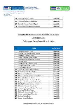Lista sujeita a alterações após período de reclamação 
Direcção Geral da 
Administração Pública 
Rua Funchal – Meio da Achada Santo António 
C.P nº 200 – Cidade da Praia - Cabo Verde 
Tel: 3337399 
www.dgap.com.cv 
25 
Tatiana Barbosa Correia 
Admitido 
26 
Vânia Sofia Tavares da Costa 
Admitido 
27 
Edvânia Simone Santos Miguel 
Admitido 
28 
Adelcise Dorilde Rodrigues Ramos 
Admitido 
Lista provisória dos candidatos Admitidos Pós Triagem 
Ensino Secundário 
Professor de Ensino Secundário de Latim 
Nº NOME Observação 
1 
Adelina Fonseca Alves 
Admitido 
2 
Admiro Alexandre Correia Tavares 
Admitido 
3 
Albertino Tavares Duarte 
Admitido 
4 
Ailton Sérgio Miranda Rocha 
Admitido 
5 
Aline Patrícia de Almeida Tavares 
Admitido 
6 
Anilde Garcia 
Admitido 
7 
Ana Lurdes da Lomba Correia 
Admitido 
8 
Ana Paula Miranda Gomes 
Admitido 
9 
Aurisia Maria Lopes 
Admitido 
10 
Auriza de Fátima Delgado Ramos 
Admitido 
11 
Carla Vanusa Furtado Brito 
Admitido 
12 
Cláudia Lima Fonseca 
Admitido 
13 
Cláudio Manuel Gomes Pereira Cardoso 
Admitido 
14 
Diná Ester Cardoso Barros 
Admitido 
15 
Dulce Eneida Sanches Furtado Dias 
Admitido 
16 
Edgar António Moreno de Carvalho 
Admitido 
17 
Elisabeth Tavares Gomes Ferreira 
Admitido 
18 
Elisandra Tavares Gonçalves 
Admitido 
19 
Eneida do Rosário Medina Veríssimo 
Admitido 
20 
Evanilde Mendes Moreno 
Admitido 
21 
Fátima de Jesus Semedo Paiva 
Admitido 
22 
Jacqueline da Veiga Monteiro 
Admitido 
23 
Jailson Fortes Brito 
Admitido 
24 
Janete Fernandes Palas 
Admitido  