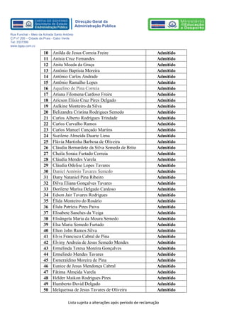 Lista sujeita a alterações após período de reclamação 
Direcção Geral da 
Administração Pública 
Rua Funchal – Meio da Achada Santo António 
C.P nº 200 – Cidade da Praia - Cabo Verde 
Tel: 3337399 
www.dgap.com.cv 
10 
Anilda de Jesus Correia Freire 
Admitido 
11 
Anísia Cruz Fernandes 
Admitido 
12 
Anita Moeda da Graça 
Admitido 
13 
António Baptista Moreira 
Admitido 
14 
António Carlos Andrade 
Admitido 
15 
António Ramalho Lopes 
Admitido 
16 
Aquelino de Pina Correia 
Admitido 
17 
Ariana Filomena Cardoso Freire 
Admitido 
18 
Aricson Elísio Cruz Pires Delgado 
Admitido 
19 
Aulkine Monteiro da Silva 
Admitido 
20 
Belizandra Cristina Rodrigues Semedo 
Admitido 
21 
Carlos Alberto Rodrigues Trindade 
Admitido 
22 
Carlos Carvalho Ramos 
Admitido 
23 
Carlos Manuel Cançado Martins 
Admitido 
24 
Suzilene Almeida Duarte Lima 
Admitido 
25 
Flávia Martinha Barbosa de Oliveira 
Admitido 
26 
Cláudia Bernardete da Silva Semedo de Brito 
Admitido 
27 
Cheila Soraia Furtado Correia 
Admitido 
28 
Cláudia Mendes Varela 
Admitido 
29 
Cláudia Odelise Lopes Tavares 
Admitido 
30 
Daniel António Tavares Semedo 
Admitido 
31 
Dany Nataniel Pina Ribeiro 
Admitido 
32 
Dilva Eliana Gonçalves Tavares 
Admitido 
33 
Dorilene Marisa Delgado Cardoso 
Admitido 
34 
Edson Jair Tavares Rodrigues 
Admitido 
35 
Élida Monteiro do Rosário 
Admitido 
36 
Élida Patrícia Pires Paiva 
Admitido 
37 
Elisabete Sanches da Veiga 
Admitido 
38 
Elisângela Maria da Moura Semedo 
Admitido 
39 
Elsa Maria Semedo Furtado 
Admitido 
40 
Elton John Ramos Silva 
Admitido 
41 
Elvis Francisco Cabral de Pina 
Admitido 
42 
Elviny Andreia de Jesus Semedo Mendes 
Admitido 
43 
Ermelinda Teresa Moreira Gonçalves 
Admitido 
44 
Ermelindo Mendes Tavares 
Admitido 
45 
Esmeraldino Moreira de Pina 
Admitido 
46 
Eunice de Jesus Mendonça Cabral 
Admitido 
47 
Fátima Almeida Varela 
Admitido 
48 
Hélder Maikon Rodrigues Pires 
Admitido 
49 
Humberto David Delgado 
Admitido 
50 
Idelqueissa de Jesus Tavares de Oliveira 
Admitido  