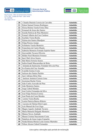 Lista sujeita a alterações após período de reclamação 
Direcção Geral da 
Administração Pública 
Rua Funchal – Meio da Achada Santo António 
C.P nº 200 – Cidade da Praia - Cabo Verde 
Tel: 3337399 
www.dgap.com.cv 
20 
Cláudia Daniela Correia de Carvalho 
Admitido 
21 
Edson Samuel Gomes Rodrigues 
Admitido 
22 
Eloisa Helena Varela Fortes Dias 
Admitido 
23 
Emanuel de Jesus dos Santos 
Admitido 
24 
Eneida Patrícia de Pina Monteiro 
Admitido 
25 
Esmael Alberto da Cruz Cardoso 
Admitido 
26 
Euclides Vieira Rocha 
Admitido 
27 
Fátima dos Santos Mandjam 
Admitido 
28 
Filipa Pereira Araújo 
Admitido 
29 
Felisberto Varela Monteiro 
Admitido 
30 
Francelene de Castro Duarte 
Admitido 
31 
Gabriela Monteiro Furtado Espírito Santo 
Admitido 
32 
Geovanildo Tavares Oliveira 
Admitido 
33 
Hélder Noel Monteiro Firmino 
Admitido 
34 
Iara Cibel Alves Soares 
Admitido 
35 
Ilda Maria Ferreira Soares 
Admitido 
36 
Indira Gandi Mascarenhas de Brito 
Admitido 
37 
Irelanda da Santíssima Trindade Silva de Pina 
Admitido 
38 
Iva Eunice da Cruz Amador 
Admitido 
39 
Ivanildo Gomes Costa 
Admitido 
40 
Jackson dos Santos Pachito 
Admitido 
41 
Jaeri Adriano Brito Dias 
Admitido 
42 
Janilson António Correia Lima 
Admitido 
43 
Jessiomar Rocha Vieira 
Admitido 
44 
João Carlos Azevedo de Pina 
Admitido 
45 
João Monteiro Santos 
Admitido 
46 
Jorge Cabral Mendes 
Admitido 
47 
José Carlos Fernandes da Silva 
Admitido 
48 
José Filipe Pereira Correia 
Admitido 
49 
José Paulo da Costa Mendes 
Admitido 
50 
Lenine Vieira Rocha 
Admitido 
51 
Lenira Patrícia Barros Ribeiro 
Admitido 
52 
Luciene de Fátima Ortet Lopes 
Admitido 
53 
Luís Manuel da Cruz Zego 
Admitido 
54 
Magno Agnelo Andrade Tavares 
Admitido 
55 
Maria Manuela Delgado Monteiro 
Admitido 
56 
Mateus Neves Andrade 
Admitido 
57 
Maura Cristina Nascimento Costa 
Admitido 
58 
Natalício de Jesus Lopes Camacho 
Admitido 
59 
Neida Helena Morais Leite Gomes Martinho 
Admitido 
60 
Nilton Alceno Cabral Fernandes 
Admitido  