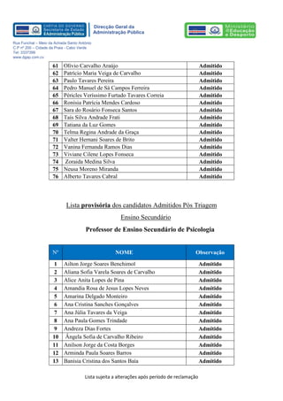 Lista sujeita a alterações após período de reclamação 
Direcção Geral da 
Administração Pública 
Rua Funchal – Meio da Achada Santo António 
C.P nº 200 – Cidade da Praia - Cabo Verde 
Tel: 3337399 
www.dgap.com.cv 
61 
Olívio Carvalho Araújo 
Admitido 
62 
Patrício Maria Veiga de Carvalho 
Admitido 
63 
Paulo Tavares Pereira 
Admitido 
64 
Pedro Manuel de Sá Campos Ferreira 
Admitido 
65 
Péricles Veríssimo Furtado Tavares Correia 
Admitido 
66 
Ronísia Patrícia Mendes Cardoso 
Admitido 
67 
Sara do Rosário Fonseca Santos 
Admitido 
68 
Taís Silva Andrade Frati 
Admitido 
69 
Tatiana da Luz Gomes 
Admitido 
70 
Telma Regina Andrade da Graça 
Admitido 
71 
Valter Hernani Soares de Brito 
Admitido 
72 
Vanina Fernanda Ramos Dias 
Admitido 
73 
Viviane Cilene Lopes Fonseca 
Admitido 
74 
Zoraida Medina Silva 
Admitido 
75 
Neusa Moreno Miranda 
Admitido 
76 
Alberto Tavares Cabral 
Admitido 
Lista provisória dos candidatos Admitidos Pós Triagem 
Ensino Secundário 
Professor de Ensino Secundário de Psicologia 
Nº NOME Observação 
1 
Ailton Jorge Soares Benchimol 
Admitido 
2 
Aliana Sofia Varela Soares de Carvalho 
Admitido 
3 
Alice Anita Lopes de Pina 
Admitido 
4 
Amandia Rosa de Jesus Lopes Neves 
Admitido 
5 
Amarina Delgado Monteiro 
Admitido 
6 
Ana Cristina Sanches Gonçalves 
Admitido 
7 
Ana Júlia Tavares da Veiga 
Admitido 
8 
Ana Paula Gomes Trindade 
Admitido 
9 
Andreza Dias Fortes 
Admitido 
10 
Ângela Sofia de Carvalho Ribeiro 
Admitido 
11 
Anilson Jorge da Costa Borges 
Admitido 
12 
Arminda Paula Soares Barros 
Admitido 
13 
Banísia Cristina dos Santos Baía 
Admitido  