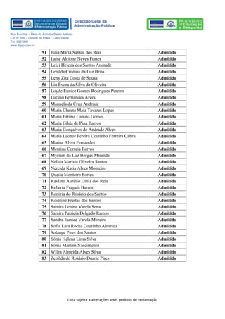 Lista sujeita a alterações após período de reclamação 
Direcção Geral da 
Administração Pública 
Rua Funchal – Meio da Achada Santo António 
C.P nº 200 – Cidade da Praia - Cabo Verde 
Tel: 3337399 
www.dgap.com.cv 
51 
Júlia Maria Santos dos Reis 
Admitido 
52 
Laise Alcione Neves Fortes 
Admitido 
53 
Leizi Helena dos Santos Andrade 
Admitido 
54 
Lenilda Cristina da Luz Brito 
Admitido 
55 
Leny Zita Costa de Sousa 
Admitido 
56 
Liú Évora da Silva de Oliveira 
Admitido 
57 
Loyde Eunice Gomes Rodrigues Pereira 
Admitido 
58 
Lucílio Fernandes Alves 
Admitido 
59 
Manuela da Cruz Andrade 
Admitido 
60 
Maria Clareta Maia Tavares Lopes 
Admitido 
61 
Maria Fátima Canuto Gomes 
Admitido 
62 
Maria Gilda de Pina Barros 
Admitido 
63 
Maria Gonçalves de Andrade Alves 
Admitido 
64 
Maria Leonor Pereira Coutinho Ferreira Cabral 
Admitido 
65 
Marisa Alves Fernandes 
Admitido 
66 
Mentina Correia Barros 
Admitido 
67 
Myriam da Luz Borges Miranda 
Admitido 
68 
Nelida Marisia Oliveira Santos 
Admitido 
69 
Nereida Katia Alves Monteiro 
Admitido 
70 
Queila Monteiro Fortes 
Admitido 
71 
Ravlino Aurélio Diniz dos Reis 
Admitido 
72 
Roberta Fragalá Barros 
Admitido 
73 
Ronizia do Rosário dos Santos 
Admitido 
74 
Roseline Freitas dos Santos 
Admitido 
75 
Samira Lenine Varela Sena 
Admitido 
76 
Samira Patricia Delgado Ramos 
Admitido 
77 
Sandra Eunice Varela Moreira 
Admitido 
78 
Sofia Lara Rocha Coutinho Almeida 
Admitido 
79 
Solange Pires dos Santos 
Admitido 
80 
Sónia Helena Lima Silva 
Admitido 
81 
Sónia Martins Nascimento 
Admitido 
82 
Wilza Almeida Alves Silva 
Admitido 
83 
Zenilda do Rosário Duarte Pires 
Admitido 
 