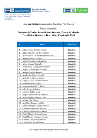 Lista sujeita a alterações após período de reclamação 
Direcção Geral da 
Administração Pública 
Rua Funchal – Meio da Achada Santo António 
C.P nº 200 – Cidade da Praia - Cabo Verde 
Tel: 3337399 
www.dgap.com.cv 
Lista provisória dos candidatos Admitidos Pós Triagem 
Ensino Secundário 
Professor de Ensino Secundário de Desenho, Educação Visual e Tecnológica, Geometria Descritiva e Construção Civil 
Nº NOME Observação 
1 Adérito Jorge de Brito Martins 
Admitido 
2 Adilson Socorro Cardoso Martins 
Admitido 
3 Ailton Carlos Tavares Freire Gonçalves 
Admitido 
4 Alberto Furtado Miranda 
Admitido 
5 Aldino Else Oliveira Rodrigues 
Admitido 
6 Alícia Mendes Machado 
Admitido 
7 Amarílis de Jesus Semedo Tavares 
Admitido 
8 Ângela Teresa Lopes da Veiga 
Admitido 
9 António Martins Tavares 
Admitido 
10 Amélia dos Santos Coronel 
Admitido 
11 Artur Jorge Barbosa Varela 
Admitido 
12 Filipe da Costa Martins Ferreira 
Admitido 
13 Izauda Monteiro Pereira 
Admitido 
14 Janilson Edmar B. V. Silves 
Admitido 
15 João Gomes da Veiga 
Admitido 
16 Lucilene da Luz Lima 
Admitido 
17 Ângelo Salvador Varela Semedo 
Admitido 
18 Ariene Nadine Andrade Lopes 
Admitido 
19 Arilson Dias Gomes 
Admitido 
20 Arnaldino Tavares Furtado 
Admitido 
21 Artemisa Nereida Borges Mendes 
Admitido 
22 Carla Graciete Évora Andrade 
Admitido 
23 Carlos António Furtado Baessa 
Admitido 
24 Carlos Manuel Oliveira Fontes 
Admitido 
25 Carla Merícia Monteiro Tavares 
Admitido 
26 Carmita Zamy Fonseca Évora 
Admitido 
27 Cilene Sofia Rocha Gomes 
Admitido  