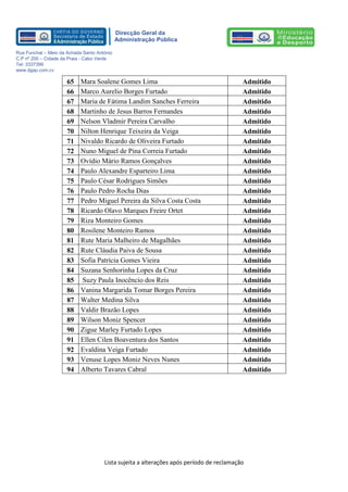 Lista sujeita a alterações após período de reclamação 
Direcção Geral da 
Administração Pública 
Rua Funchal – Meio da Achada Santo António 
C.P nº 200 – Cidade da Praia - Cabo Verde 
Tel: 3337399 
www.dgap.com.cv 
65 Mara Soalene Gomes Lima 
Admitido 
66 Marco Aurelio Borges Furtado 
Admitido 
67 Maria de Fátima Landim Sanches Ferreira 
Admitido 
68 Martinho de Jesus Barros Fernandes 
Admitido 
69 Nelson Vladmir Pereira Carvalho 
Admitido 
70 Nilton Henrique Teixeira da Veiga 
Admitido 
71 Nivaldo Ricardo de Oliveira Furtado 
Admitido 
72 Nuno Miguel de Pina Correia Furtado 
Admitido 
73 Ovídio Mário Ramos Gonçalves 
Admitido 
74 Paulo Alexandre Esparteiro Lima 
Admitido 
75 Paulo César Rodrigues Simões 
Admitido 
76 Paulo Pedro Rocha Dias 
Admitido 
77 Pedro Miguel Pereira da Silva Costa Costa 
Admitido 
78 Ricardo Olavo Marques Freire Ortet 
Admitido 
79 Riza Monteiro Gomes 
Admitido 
80 Rosilene Monteiro Ramos 
Admitido 
81 Rute Maria Malheiro de Magalhães Admitido 
82 Rute Cláudia Paiva de Sousa 
Admitido 
83 Sofia Patrícia Gomes Vieira 
Admitido 
84 Suzana Senhorinha Lopes da Cruz 
Admitido 
85 Suzy Paula Inocêncio dos Reis 
Admitido 
86 Vanina Margarida Tomar Borges Pereira 
Admitido 
87 Walter Medina Silva 
Admitido 
88 Valdir Brazão Lopes 
Admitido 
89 Wilson Moniz Spencer 
Admitido 
90 Zigue Marley Furtado Lopes 
Admitido 
91 Ellen Cilen Boaventura dos Santos 
Admitido 
92 Evaldina Veiga Furtado 
Admitido 
93 Venuse Lopes Moniz Neves Nunes 
Admitido 
94 Alberto Tavares Cabral 
Admitido 
 