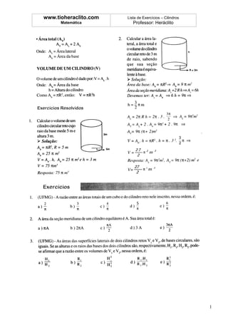 www.tioheraclito.com   Lista de Exercícios – Cilindros
      Matemática          Professor: Heráclito




                                                         1
 