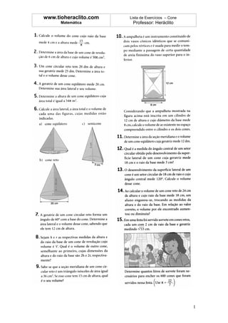 www.tioheraclito.com   Lista de Exercícios – Cone
      Matemática        Professor: Heráclito




                                                    1
 
