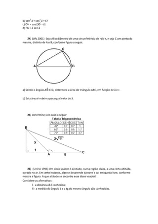 b) sen2
á + cos2
á = EF
c) OH = cos (90°
- á)
d) FG = 2 sen á
24) (Ufv 2001) Seja AB o diâmetro de uma circunferência de raio r, e seja C um ponto da
mesma, distinto de A e B, conforme figura a seguir.
a) Sendo o ângulo A ˆB C=â, determine a área do triângulo ABC, em função de â e r.
b) Esta área é máxima para qual valor de â.
25) Determine x no caso a seguir:
26) (Unirio 1996) Um disco voador é avistado, numa região plana, a uma certa altitude,
parado no ar. Em certo instante, algo se desprende da nave e cai em queda livre, conforme
mostra a figura. A que altitude se encontra esse disco voador?
Considere as afirmativas:
l - a distância d é conhecida;
ll - a medida do ângulo á e a tg do mesmo ângulo são conhecidas.
 