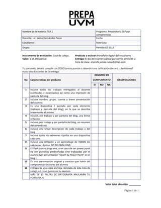 Nombre de la materia: TLR 1                                              Programa: Preparatoria SEP por
                                                                         competencias
Docente: Lic. Jaime Hernández Pozas                                      Fecha:
Estudiante:                                                              Matrícula:
Grupo:                                                                   Período:02-2012


Instrumento de evaluación: Lista de cotejo.        Producto a evaluar: Portafolio digital del estudiante.
Valor: 1 pt. Del parcial                           Entrega: El día del examen parcial por correo antes de la
                                                   hora de clase: el.profe.james.rulea@gmail.com

Tu portafolio deberá cumplir con TODOS estos puntos o obtendrá una calificación de cero. ¿Revisiones?
Hasta dos días antes de la entrega.
                                                                REGISTRO DE
 No      Características del producto                               CUMPLIMIENTO           OBSERVACIONES
                                                                    SI      NO    NA
  1      Incluye todos los trabajos entregados al docente
         (calificados y escaneados) así como una impresión de
         pantalla del blog.
  2      Incluye nombre, grupo, cuenta y breve presentación
         del alumno.
  3      Es una diapositiva / pantalla por cada elemento
         (trabajos y pantalla del blog), en la que se describa
         brevemente el mismo.
  4      Incluye, por trabajo y por pantalla del blog, una breve
         reflexión.
  5      Incluye, por trabajo y por pantalla del blog, un resumen
         del aprendizaje.
  6      Incluye una breve descripción de cada trabajo y del
         blog.
  7      Incluye todos los exámenes rápidos en una diapositiva
         cada uno.
  8      Incluye una reflexión y un aprendizaje de TODOS los
         exámenes rápidos. NO DE CADA UNO.
  9      Es flash u otro programa, o en caso de ser power point
         no son plantillas prediseñadas sino trabajadas por el
         alumno (ver presentación “Death by Power Point” en el
         blog.)
  10     Es una presentación original y creativa que habla del
         compromiso y esfuerzo del alumno
  11     Entregarás una copia en hoja reciclada de esta lista de
         cotejo, en clase, junto con tu examen.
         MÁS DE 15 FALTAS DE ORTOGRAFÍA ANULARÁN TU
         PORTAFOLIO

                                                                                 Valor total obtenido: _________

                                                                                                 Página 1 de 1
 