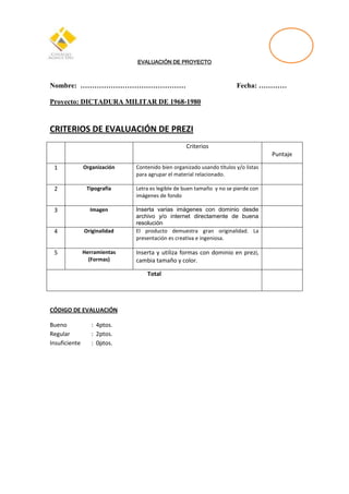 EVALUACIÓN DE PROYECTO

Nombre: ………………………………………

Fecha: …………

Proyecto: DICTADURA MILITAR DE 1968-1980

CRITERIOS DE EVALUACIÓN DE PREZI
Criterios
Puntaje
1

Organización

Contenido bien organizado usando títulos y/o listas
para agrupar el material relacionado.

2

Tipografía

Letra es legible de buen tamaño y no se pierde con
imágenes de fondo

3

Imagen

4

Originalidad

Inserta varias imágenes con dominio desde
archivo y/o internet directamente de buena
resolución
El producto demuestra gran originalidad. La
presentación es creativa e ingeniosa.

5

Herramientas
(Formas)

Inserta y utiliza formas con dominio en prezi,
cambia tamaño y color.
Total

CÓDIGO DE EVALUACIÓN
Bueno
Regular
Insuficiente

: 4ptos.
: 2ptos.
: 0ptos.

 