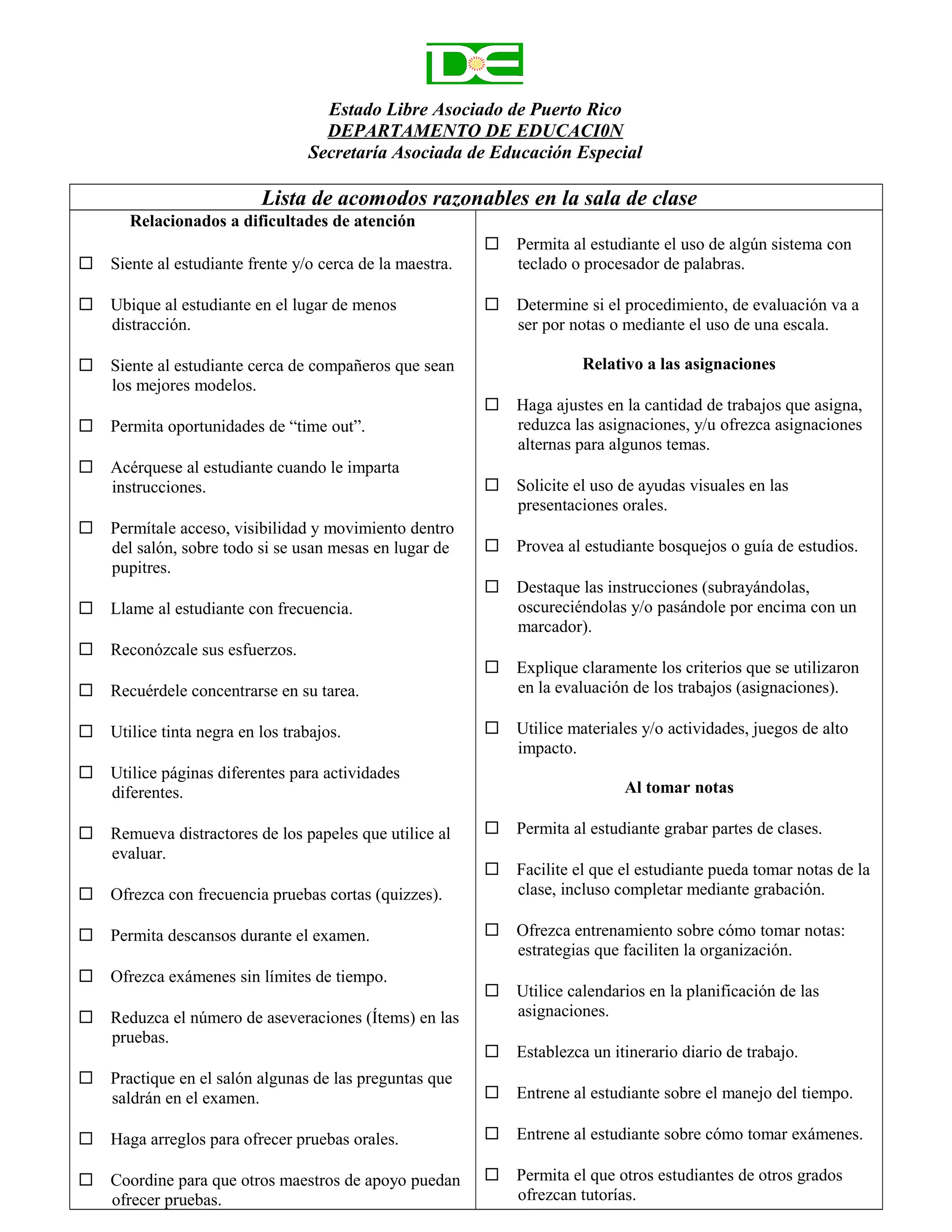 Lista de acomodos razonables | DOC