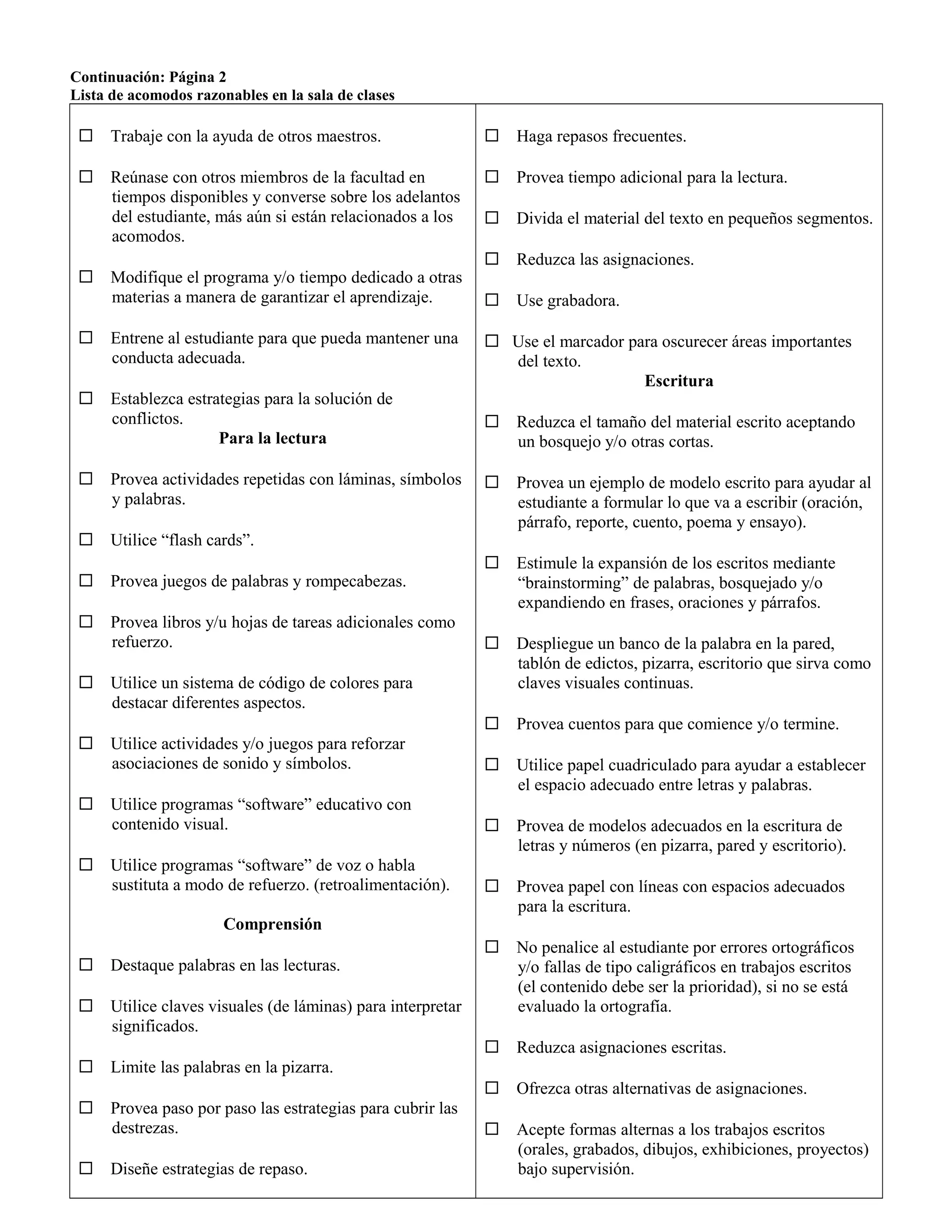 Lista de acomodos razonables | DOC