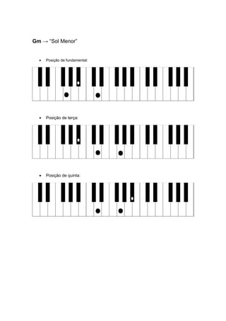 Gm → “Sol Menor”
• Posição de fundamental:
• Posição de terça:
• Posição de quinta:
 