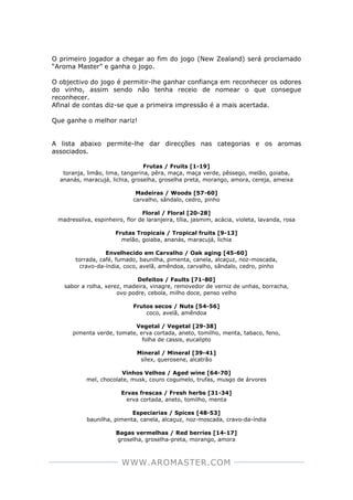 WWW.AROMASTER.COM
O primeiro jogador a chegar ao fim do jogo (New Zealand) será proclamado
“Aroma Master” e ganha o jogo.
O objectivo do jogo é permitir-lhe ganhar confiança em reconhecer os odores
do vinho, assim sendo não tenha receio de nomear o que consegue
reconhecer.
Afinal de contas diz-se que a primeira impressão é a mais acertada.
Que ganhe o melhor nariz!
A lista abaixo permite-lhe dar direcções nas categorias e os aromas
associados.
Frutas / Fruits [1-19]
toranja, limão, lima, tangerina, pêra, maça, maça verde, pêssego, melão, goiaba,
ananás, maracujá, lichia, groselha, groselha preta, morango, amora, cereja, ameixa
Madeiras / Woods [57-60]
carvalho, sândalo, cedro, pinho
Floral / Floral [20-28]
madressilva, espinheiro, flor de laranjeira, tília, jasmim, acácia, violeta, lavanda, rosa
Frutas Tropicais / Tropical fruits [9-13]
melão, goiaba, ananás, maracujá, lichia
Envelhecido em Carvalho / Oak aging [45-60]
torrada, café, fumado, baunilha, pimenta, canela, alcaçuz, noz-moscada,
cravo-da-índia, coco, avelã, amêndoa, carvalho, sândalo, cedro, pinho
Defeitos / Faults [71-80]
sabor a rolha, xerez, madeira, vinagre, removedor de verniz de unhas, borracha,
ovo podre, cebola, milho doce, penso velho
Frutos secos / Nuts [54-56]
coco, avelã, amêndoa
Vegetal / Vegetal [29-38]
pimenta verde, tomate, erva cortada, aneto, tomilho, menta, tabaco, feno,
folha de cassis, eucalipto
Mineral / Mineral [39-41]
sílex, querosene, alcatrão
Vinhos Velhos / Aged wine [64-70]
mel, chocolate, musk, couro cogumelo, trufas, musgo de árvores
Ervas frescas / Fresh herbs [31-34]
erva cortada, aneto, tomilho, menta
Especiarias / Spices [48-53]
baunilha, pimenta, canela, alcaçuz, noz-moscada, cravo-da-índia
Bagas vermelhas / Red berries [14-17]
groselha, groselha-preta, morango, amora
 