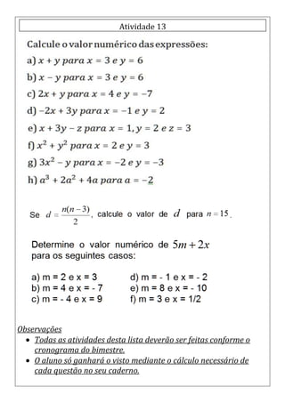 Lista de atividades 6ª serie