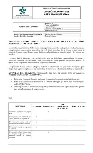Regional Distrito Capital
Sistema de Gestión de la Calidad
Centro de Gestión Administrativa
DIAGNÓSTICO MIPYMES
ÁREA ADMINISTRATIVA
NOMBRE DE LA EMPRESA
Visita No: 1
Fecha: julio 24 2014
Hora: 9:00 am
Dirección carrera 86 42f-81
Teléfono:4061159
Nombre del Representante Empresarial Samuel Leonardo Flores
Nombre del Líder Aprendiz Tatiana Delgado
PROYECTO: FORTALECIMIENTO A LAS MICROEMPRESAS EN LAS GESTIONES
ADMINISTRATIVAS Y CONTABLES
La importancia de la matriz DOFA radica en que permite desarrollar un diagnóstico real de la empresa
o negocio, nos muestra cómo está, cómo va y el futuro inmediato de la misma, lo que brinda el
principal elemento requerido para tomar decisiones; el análisis de su situación actual y del entorno que
la rodea.
La matriz DOFA identifica con claridad cuáles son las debilidades, oportunidades, fortalezas y
amenazas, elementos que al tenerlos claros, mostrarán una visión global e integral que permitirá la
optimización los procesos administrativos y operativos existentes.
La aplicación de esta Lista de Chequeo, evaluará la información con que cuenta la empresa para
diagnosticar y proponer planes de mejoramiento y alternativas de solución a los hallazgos encontrados.
ACTIVIDAD DEL PROYECTO: FORMULACIÓN DEL PLAN DE ACCION PARA OPTIMIZAR EL
PROCESO DE LA GESTION ADMINISTRATIVA.
 Diligenciar el presente formato, realizando el respectivo levantamiento de la información.
 Subir las evidencias de lo observado en su visita en el Blogger que deben crear para la empresa
en BLOGSPOT:COM-
 Tabular y analizar la información recopilada y determine debilidades y plan de acción a ejecutar
para la implementación de las propuestas.
TIC
INDICADOR ACUERDO DESACUERDO
NO
TOTALMENTE
DE ACUERDO
OBSERVACIONES
La empresa cuenta con una página
Web.
x
El empresario está interesado en
crear o modificar su Página Web.
x
El empresario cuenta con un
Brochure de Productos o servicios.
x
El empresario maneja un logo para
su empresa.
x
El empresario solicita el cambio de
su imagen corporativa o le
agradaría realizar el cambio
pertinente.
x
 