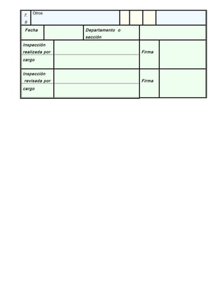 7.
9
Otros
Fecha Departamento o
sección
Inspección
realizada por Firma
cargo
Inspección
revisada por Firma
cargo
 