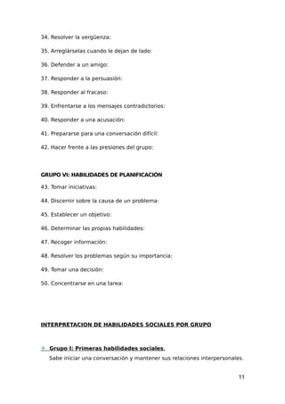34. Resolver la vergüenza:
35. Arreglárselas cuando le dejan de lado:
36. Defender a un amigo:
37. Responder a la persuasión:
38. Responder al fracaso:
39. Enfrentarse a los mensajes contradictorios:
40. Responder a una acusación:
41. Prepararse para una conversación difícil:
42. Hacer frente a las presiones del grupo:
GRUPO VI: HABILIDADES DE PLANIFICACIÓN
43. Tomar iniciativas:
44. Discernir sobre la causa de un problema:
45. Establecer un objetivo:
46. Determinar las propias habilidades:
47. Recoger información:
48. Resolver los problemas según su importancia:
49. Tomar una decisión:
50. Concentrarse en una tarea:
INTERPRETACION DE HABILIDADES SOCIALES POR GRUPO
 Grupo I: Primeras habilidades sociales.
Sabe iniciar una conversación y mantener sus relaciones interpersonales.
11
 