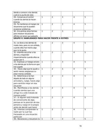 dando a conocer a los demás
cuál es tu punto de vista
28.- Conservas el control
cuando los demás te hacen
bromas
1 2 3 4 5
29.- Te mantienes al margen de
situaciones que te pueden
ocasionar problemas
1 2 3 4 5
30.- Encuentras otras formas
para resolver situaciones
difíciles sin tener que pelearte
1 2 3 4 5
GRUPO V: HABILIDADES PARA HACER FRENTE A ESTRÉS
31.- Le dices a los demás de
modo claro, pero no con enfado,
cuando ellos han hecho algo
que no te gusta
1 2 3 4 5
32.- Intentas escuchar a los
demás y responder
imparcialmente cuando ellos se
quejan por ti
1 2 3 4 5
33.- Expresas un halago sincero
a los demás por la forma en que
han jugado
1 2 3 4 5
34.- Haces algo que te ayude a
sentir menos vergüenza o a
estar menos cohibido
1 2 3 4 5
35.- Determinas si te han
dejado de lado en alguna
actividad y, luego, haces algo
para sentirte mejor en esa
situación
1 2 3 4 5
36.- Manifiestas a los demás
cuando sientes que una
amiga no a sido tratada de
manera justa?
1 2 3 4 5
37.- Si alguien está tratando
de convencerte de algo,
piensas en la posición de esa
persona y luego en la propia
antes de decidir qué hacer
1 2 3 4 5
38,- Intentas comprender la
razón por la cual has
fracasado en una situación
particular
1 2 3 4 5
39.- Reconoces y resuelves la 1 2 3 4 5
15
 