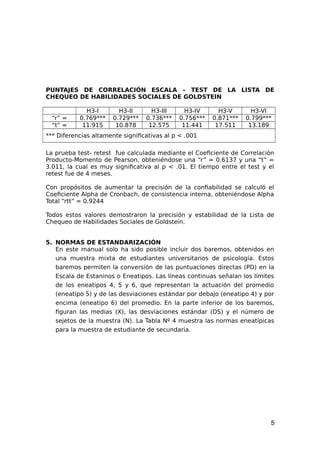 PUNTAJES DE CORRELACIÓN ESCALA – TEST DE LA LISTA DE
CHEQUEO DE HABILIDADES SOCIALES DE GOLDSTEIN
H3-I H3-II H3-III H3-IV H3-V H3-VI
“r” = 0.769*** 0.729*** 0.736*** 0.756*** 0.871*** 0.799***
“t” = 11.915 10.878 12.575 11.441 17.511 13.189
*** Diferencias altamente significativas al p < .001
La prueba test- retest fue calculada mediante el Coeficiente de Correlación
Producto-Momento de Pearson, obteniéndose una “r” = 0.6137 y una “t” =
3.011, la cual es muy significativa al p < .01. El tiempo entre el test y el
retest fue de 4 meses.
Con propósitos de aumentar la precisión de la confiabilidad se calculó el
Coeficiente Alpha de Cronbach, de consistencia interna, obteniéndose Alpha
Total “rtt” = 0.9244
Todos estos valores demostraron la precisión y estabilidad de la Lista de
Chequeo de Habilidades Sociales de Goldstein.
5. NORMAS DE ESTANDARIZACIÓN
En este manual solo ha sido posible incluir dos baremos, obtenidos en
una muestra mixta de estudiantes universitarios de psicología. Estos
baremos permiten la conversión de las puntuaciones directas (PD) en la
Escala de Estaninos o Eneatipos. Las líneas continuas señalan los límites
de los eneatipos 4, 5 y 6, que representan la actuación del promedio
(eneatipo 5) y de las desviaciones estándar por debajo (eneatipo 4) y por
encima (eneatipo 6) del promedio. En la parte inferior de los baremos,
figuran las medias (X), las desviaciones estándar (DS) y el número de
sejetos de la muestra (N). La Tabla Nº 4 muestra las normas eneatípicas
para la muestra de estudiante de secundaria.
5
 