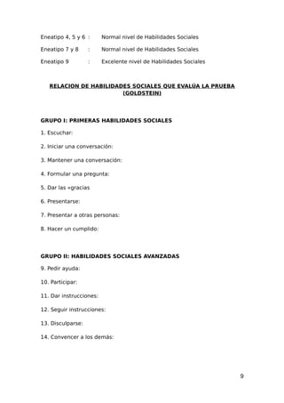 Eneatipo 4, 5 y 6 : Normal nivel de Habilidades Sociales
Eneatipo 7 y 8 : Normal nivel de Habilidades Sociales
Eneatipo 9 : Excelente nivel de Habilidades Sociales
RELACION DE HABILIDADES SOCIALES QUE EVALÚA LA PRUEBA
(GOLDSTEIN)
GRUPO I: PRIMERAS HABILIDADES SOCIALES
1. Escuchar:
2. Iniciar una conversación:
3. Mantener una conversación:
4. Formular una pregunta:
5. Dar las «gracias
6. Presentarse:
7. Presentar a otras personas:
8. Hacer un cumplido:
GRUPO II: HABILIDADES SOCIALES AVANZADAS
9. Pedir ayuda:
10. Participar:
11. Dar instrucciones:
12. Seguir instrucciones:
13. Disculparse:
14. Convencer a los demás:
9
 
