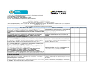 TITULO : Lista de chequeo para la evaluación del programa de auditoria para el mejoramiento
continuo de la calidad en la atención en la salud.
FECHA DE ELABORACION :19 de Septiembre de 2014
OFICINA: Dirección de Prestación de Servicios y Atención Primaria
RUTA CRÍTICA DEL PAMEC ASPECTO CHEQUEABLE CUMPLE NO CUMPLE OBSERVACIONES
MINISTERIO DE SALUD Y PROTECCIÓN SOCIAL
DIRECCION DE PRESTACIÓN DE SERVICIOS Y ATENCIÓN PRIMARIA
LISTA DE CHEQUEO PARA LA EVALAUCIÓN DEL PROGRAMA DE AUDITORÍA PARA EL MEJORAMIENTO CONTINUO DE LA CALIDAD EN LA
ATENCIÓN EN SALUD
INSTITUCIONES PRESTADORAS DE SERVICIOS DE SALUD
Si el alcance del PAMEC es acreditación, se debe evidenciar la priorización de
oportunidades de mejoramiento para cada uno de los grupos y subgrupos de estándares
de acreditación. Se sugiere utilizar el documento ABC de planes de mejoramiento de la
calidad.
Instrumento técnico con la priorización de oportunidades de
mejoramiento formuladas en la autoevaluación de
estándares de acreditación
Si el alcance del PAMEC no es acreditación, se debe evidenciar una metodología
validada de priorización de procesos, como la matriz de factor crítico de éxito
Metodología validada y aplicada para la priorización de
procesos
Si el alcance del PAMEC es la preparación para la acreditación, se debe evidenciar en
él, a qué nivel de la calificación cuantitativa de los estándares de acreditación que le
apliquen se espera llegar en el período de implementación de dicho PAMEC.
Evidencia de la definición de la calificación cuantitativa de
los estándares de acreditación que espera alcanzarse en el
periodo de vigencia del PAMEC
Si el alcance del PAMEC no es la acreditación, se debe evidenciar a dónde se espera
llegar con la implementación del PAMEC en la vigencia así:
1. Si el alcance es el Mejoramiento del resultado de los indicadores del Sistema de
Información para la Calidad, indicar la meta a cumplir
3. Si el alcance es el fortalecimiento de la gestión del riesgo para los procesos
misionales, indicar el nivel deseado de riesgo al que se espera llegar.
4. Si el alcance es el fortalecimiento del Programa de Seguridad de paciente
documentado en la entidad e implementación de las buenas prácticas de seguridad del
paciente recomendadas en la Guía Técnica correspondiente, indicar el logro esperado
Definición explícita del nivel al que se espera alcanzar en
cada uno de los alcances definidos del PAMEC
Listado de las auditorías planeadas en la vigencia del PAMEC, para evidenciar los
avances logrados en su implementación
Listado de las auditorías internas a realizarse en el periodo
del PAMEC
Evidencia gradual de la implementación de las auditorías planeadas con la identificación
de hallazgos y oportunidades de mejoramiento recomendadas
Informe de las auditorías realizadas frente a las planeadas
4. DEFINICIÓN DE LA CALIDAD ESPERADA
5. CALIDAD OBSERVADA
 