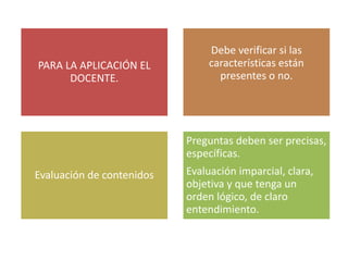 PARA LA APLICACIÓN EL
DOCENTE.
Debe verificar si las
características están
presentes o no.
Evaluación de contenidos
Preguntas deben ser precisas,
específicas.
Evaluación imparcial, clara,
objetiva y que tenga un
orden lógico, de claro
entendimiento.
 
