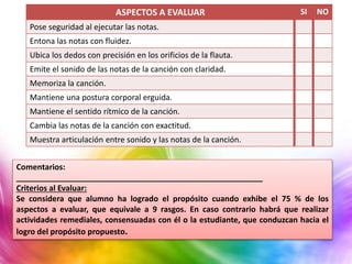 ASPECTOS A EVALUAR SI NO
Pose seguridad al ejecutar las notas.
Entona las notas con fluidez.
Ubica los dedos con precisión en los orificios de la flauta.
Emite el sonido de las notas de la canción con claridad.
Memoriza la canción.
Mantiene una postura corporal erguida.
Mantiene el sentido rítmico de la canción.
Cambia las notas de la canción con exactitud.
Muestra articulación entre sonido y las notas de la canción.
Comentarios:
________________________________________________________
Criterios al Evaluar:
Se considera que alumno ha logrado el propósito cuando exhibe el 75 % de los
aspectos a evaluar, que equivale a 9 rasgos. En caso contrario habrá que realizar
actividades remediales, consensuadas con él o la estudiante, que conduzcan hacia el
logro del propósito propuesto.
 