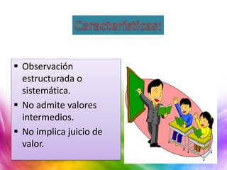  Observación
estructurada o
sistemática.
 No admite valores
intermedios.
 No implica juicio de
valor.
 