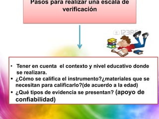 Pasos para realizar una escala de
verificación
• Tener en cuenta el contexto y nivel educativo donde
se realizara.
 ¿Cómo se califica el instrumento?¿materiales que se
necesitan para calificarlo?(de acuerdo a la edad)
 ¿Qué tipos de evidencia se presentan? (apoyo de
confiabilidad)
 