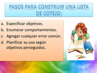 a. Especificar objetivos.
b. Enumerar comportamientos.
c. Agregar cualquier error común.
d. Planificar su uso según
objetivos perseguidos.
 