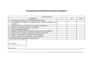 EVALUACIÓN DEL DESEMPEÑO ACTITUDINAL CONSCIENTE
LISTA DE COTEJO
INDICADORES SI NO TOTAL
1 Es ordenado y limpio en sus actividades y lugar de trabajo.
2 Es responsable al resolver las actividades como lo indica la dinámica de la
actividad.
3 Muestra respeto por las diferencias individuales de cada uno.
4 Mantiene una actitud respetuosa a su docente.
5 Utiliza un lenguaje apropiado.
6 Respeta la dinámica de las actividades y mantiene una actitud positiva.
7 Sabe escuchar a los demás respetando el orden de intervención.
8 Integra a sus compañeros y trabaja colaborativamente.
9 Muestra cooperación y solidaridad con sus compañeros.
10 Da seguimiento al reglamento interno del aula.
Observaciones: _______________________________________________________________________________________________
_____________________________________________________________________________________________________
CALIFICACIÓN _________
 