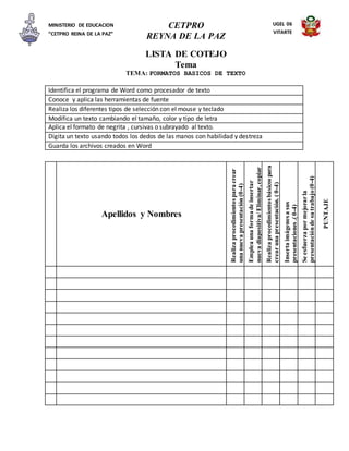CETPRO
REYNA DE LA PAZ
MINISTERIO DE EDUCACION
“CETPRO REINA DE LA PAZ”
UGEL 06
VITARTE
LISTA DE COTEJO
Tema
TEMA: FORMATOS BASICOS DE TEXTO
Identifica el programa de Word como procesador de texto
Conoce y aplica las herramientas de fuente
Realiza los diferentes tipos de selección con el mouse y teclado
Modifica un texto cambiando el tamaño, color y tipo de letra
Aplica el formato de negrita , cursivas o subrayado al texto.
Digita un texto usando todos los dedos de las manos con habilidad y destreza
Guarda los archivos creados en Word
Apellidos y Nombres
Realizaprocedimientosparacrear
unanuevapresentación(0-4)
Empleaunaformadeinsertar
nuevadiapositiva/Eliminar,copiar
diapositivas.(0-4)Realizaprocedimientosbásicospara
crearunapresentación.(0-4)
Insertaimágenesasus
presentaciones.(0-4)
Seesfuerzapormejorarla
presentacióndesutrabajo(0-4)
PUNTAJE
 
