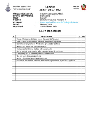 CETPRO
REYNA DE LA PAZ
MINISTERIO DE EDUCACION
“CETPRO REINA DE LA PAZ”
UGEL 06
VITARTE
FAMILIA OCUPACIONAL : COMPUTACION (OFIMATICA)
OPCION OCUPACIONAL : DIGITACION
CICLO : BASICO
MODULO : SISTEMA OPERATIVO WINDOWS 7
ACTIVIDAD : Conociendo el Entorno de Trabajo de Word
TURNO : Mañana- Tarde
PROFESOR : Juan B. Huanca Jacho.
LISTA DE COTEJO
N° INDICADORES SI NO
Busca el Programa de Word con el Buscador de Windows
Abre y cierra un documento de Word mostrando seguridad
Identifica el programa de Word como procesador de texto
Nombra las partes del entorno de Word
Configura el ambiente trabajo adecuadamente
Usa el teclado para acceder a los menus y banda de opciones
Configura y usa el Zoom de pantalla con habilidad
Usa las barra de desplazamiento
Activa y desactiva las reglas y cuadricula
Guarda un documento de Word mostrando seguridad en el proceso seguridad
 