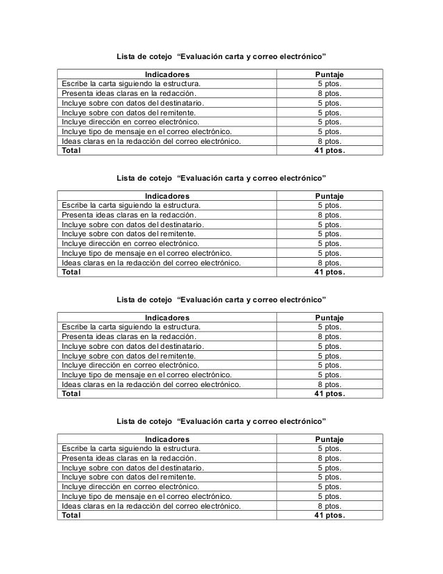 Lista de cotejo carta y correo