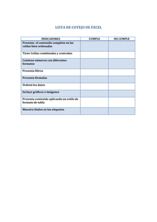 LISTA DE COTEJO DE EXCEL
INDICADORES CUMPLE NO CUMPLE
Presenta el contenido completo en las
celdas bien ordenadas
Tiene Celdas combinadas y centradas
Contiene números con diferentes
formatos
Presenta filtros
Presenta fórmulas
Ordenó los datos
Incluye gráficos o imágenes
Presenta contenido aplicando un estilo de
formato de tabla
Muestra títulos en las etiquetas