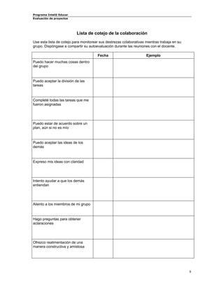 Programa Intel® Educar 
Evaluación de proyectos 
Lista de cotejo de la colaboración 
Use esta lista de cotejo para monitorear sus destrezas colaborativas mientras trabaja en su grupo. Dispóngase a compartir su autoevaluación durante las reuniones con el docente. 
Fecha 
Ejemplo 
Puedo hacer muchas cosas dentro del grupo 
Puedo aceptar la división de las tareas 
Completé todas las tareas que me fueron asignadas 
Puedo estar de acuerdo sobre un plan, aún si no es mío 
Puedo aceptar las ideas de los demás 
Expreso mis ideas con claridad 
Intento ayudar a que los demás entiendan 
Aliento a los miembros de mi grupo 
Hago preguntas para obtener aclaraciones 
Ofrezco realimentación de una manera constructiva y amistosa 9 
 